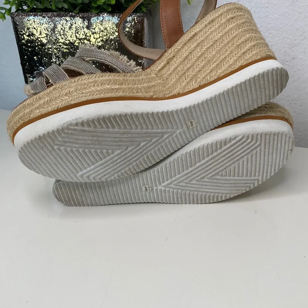 Vaneli Tan Leather‎ Espadrille Wedge Sandals Metallic Chain Straps Women 9M
